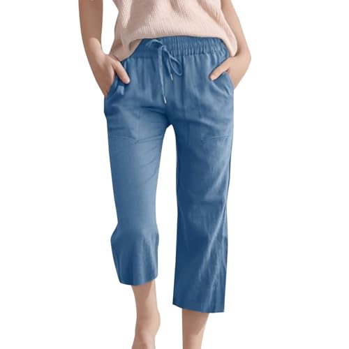 Mädchen Leinenhose 3/4 Lange Capri Hose für Kinder Leicht Luftige Sommerhose Baumwolle Leinen Stoffhose Bequeme Elegant Strandhose High Waist Freizeithose Mit Taschen Musselin (Blue, 12-13 Years) von Generic