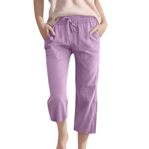 Mädchen Leinenhose 3/4 Lange Capri Hose für Kinder Leicht Luftige Sommerhose Baumwolle Leinen Stoffhose Bequeme Elegant Strandhose High Waist Freizeithose Mit Taschen Musselin (Purple, 4-5 Years) von Generic