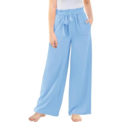 Mädchen Leinenhose Sommer Hose Casual Leinen Leicht Hosen Weites Bein Palazzo Freizeithose Hohe Taille Einfarbig Sommerhose Stoffhose mit Taschen für Teenager Mädchen 5-14 Jahre von Generic