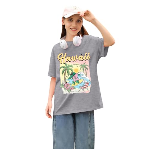 Mädchen Oversized T-Shirt Hawaii Surfen Musterdruck Rundhals Oberteile Teenager Sommer Atmungsaktiv Kurzarm Shirts Süßes Cartoon T-Shirt Casual Loose Tops 0-14 Jahre von Generic