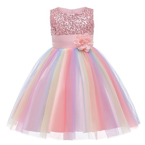 Mädchen Prinzessin Kleid Pailletten Tüll Blume Regenbogen Runder Kragen Ärmelloses Abendkleid Mädchenkleid Kostüme Mädchen Mädchen Festliche Kleider von Generic