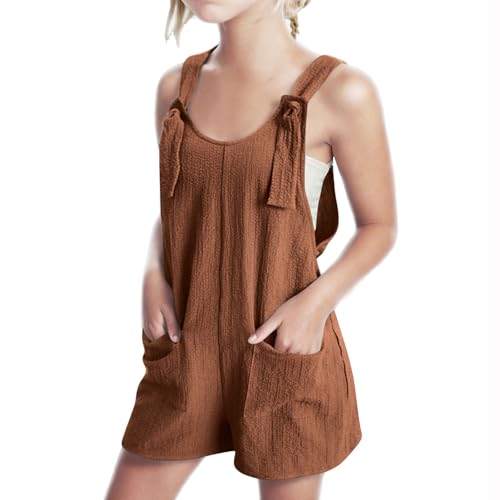 Mädchen Romper ärmellos verstellbarer Tie-Up Armband kurze Jumpsuits Baumwolle Wäsche 𝗕ib Kurze Overalls Sommerkleidung mit Taschen Teens Casual Bodysuit Outfits (Brown, 9-10 Years) von Generic