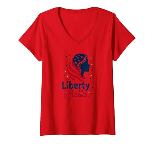 Mädchen Rot Weiß Blau Liberty Belle Patriotische Sterne T-Shirt mit V-Ausschnitt, Damen, Rot, XL von Generic