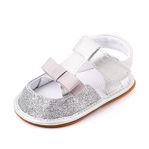 Mädchen Sandalen 20 Baby Neugeborenen Sommer Turnschuhe Nette Glitter Bogen Wanderschuhe Casual Klebrige Riemen Schuhe Lauflernsandalen Mädchen (Silver, 19 Infant) von Generic