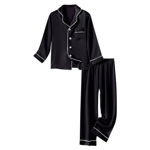 Mädchen Satin Pyjamas Set Button Down Langarm Schlafanzug Einfarbig Süße Zweiteiliger Luftig Casual Shorts NachtwäSche Kinder Sleepwear Jungen Leichtes Bequemes Atmungsaktive (Black, 10-11 Years) von Generic