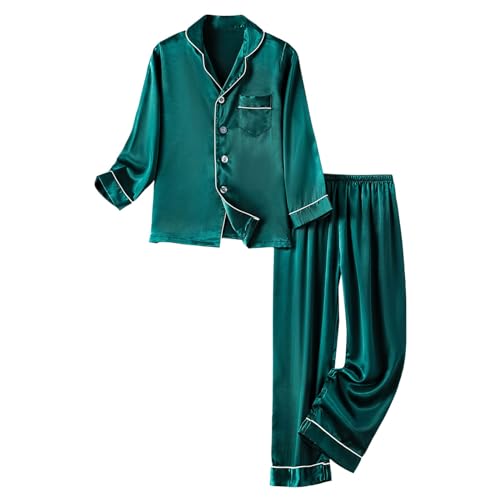 Mädchen Satin Pyjamas Set Button Down Langarm Schlafanzug Einfarbig Süße Zweiteiliger Luftig Casual Shorts NachtwäSche Kinder Sleepwear Jungen Leichtes Bequemes Atmungsaktive (Green, 10-11 Years) von Generic