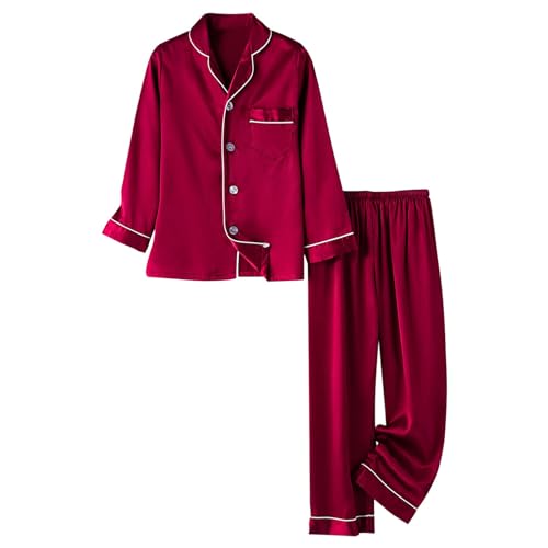 Mädchen Satin Pyjamas Set Button Down Langarm Schlafanzug Einfarbig Süße Zweiteiliger Luftig Casual Shorts NachtwäSche Kinder Sleepwear Jungen Leichtes Bequemes Atmungsaktive (Red, 6-7 Years) von Generic