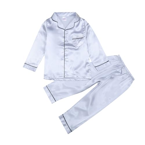 Mädchen Satin-Schlafanzug-Set Einfarbig Lange Seide Pyjama Set mit Knopfleiste und Revers Weiche Pyjamas Langarm Schlafanzugoberteile Hosen Hausanzug Pyjamas 2-teiliges Nachtwäsche Set 2-14 Jahre von Generic