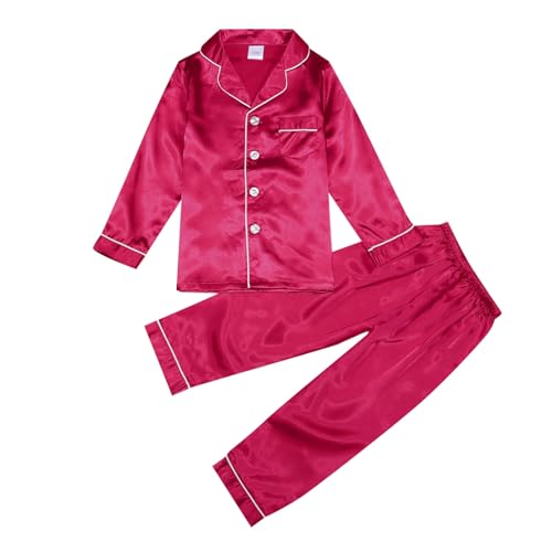 Mädchen Satin-Schlafanzug-Set Einfarbig Lange Seide Pyjama Set mit Knopfleiste und Revers Weiche Pyjamas Langarm Schlafanzugoberteile Hosen Hausanzug Pyjamas 2-teiliges Nachtwäsche Set 2-14 Jahre von Generic