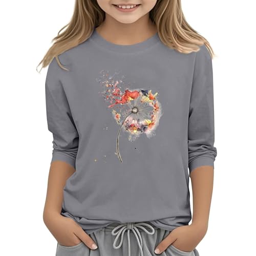 Mädchen Shirt langärmlig Rundhals Oberteile Kleinkind auffälliges Muster Grafik T-Shirt Casual lässige Passform traditioneller Pullover mit Blumen Print modisches Kindershirt (Grey, 6-7 Years) von Generic