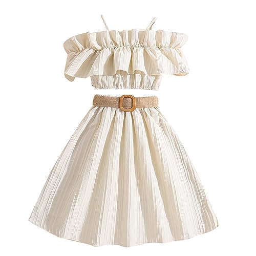 Mädchen Sommer Bekleidungssets Kinder Sommer Lässig Ärmellose Einfarbig Rüschen Camisole Top + A-Line Rock Gürtel 3-teiliges Outfits Kindersets für Kinder 7-12 Jahre (Beige, 8-9 Years) von Generic