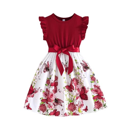 Mädchen Sommer Kleid mit Schmetterlingsprint Süßes Schleife Chiffonkleid Ärmelloses Rüschen Rundhalsausschnitt A-Linie Kleider Mode Partykleid Elegante Prinzessin Kleid von Generic