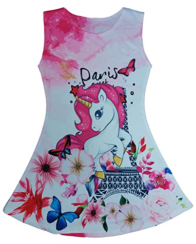 Mädchen Sommer Lang Shirt Kurz Kleid Einhorn ärmellos Top für Kita Kindergarten Schule (Einhorn Paris, 110) von Generic