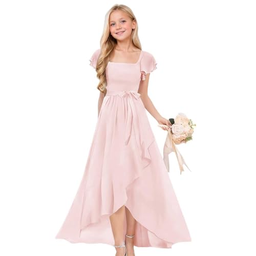 Mädchen Sommerkleid Quadratischer Ausschnitt Rüschenkleider Casual A Line Kurzarm Kleid Flowy Hoch Niedrig Lang Partykleid Elegant Langes Abendkleid Blumenmädchenkleider für (Pink, 9-10 Years) von Generic
