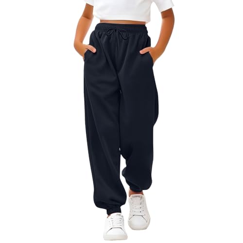 Mädchen Sport Jogginghosen Jungen Baggy Trainingshosen Baumwolle Sporthose Drawstring Elastische Hohe Taille Freizeithose Lockere Sweatpants Warm Winterhose Einfarbig Hose (Navy, 11-12 Years) von Generic