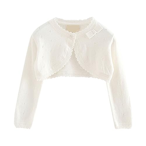 Mädchen Strickjacke Langarm Shrug Baumwolle EIN-Knopf Bolero Kinder Sweatshirt Hochzeit Kommunionkleid Taufekleid Mantel Strickwaren für Unifarben (White, 6-12 Months) von Generic