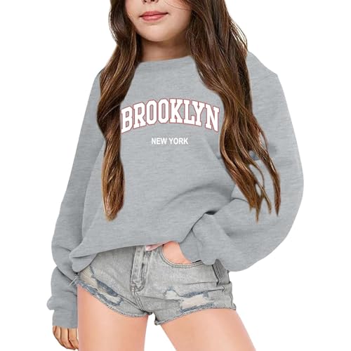 Mädchen Sweatshirt Loose Fit Langarmshirt Brooklyn New York Druck Longshirt Rundhals Langarm Lässig Locker Top Mode Pullover Sweatshirt Thermoshirt Kinder Kleidung für 3-9 Jahre (Grey, 6-7 Years) von Generic