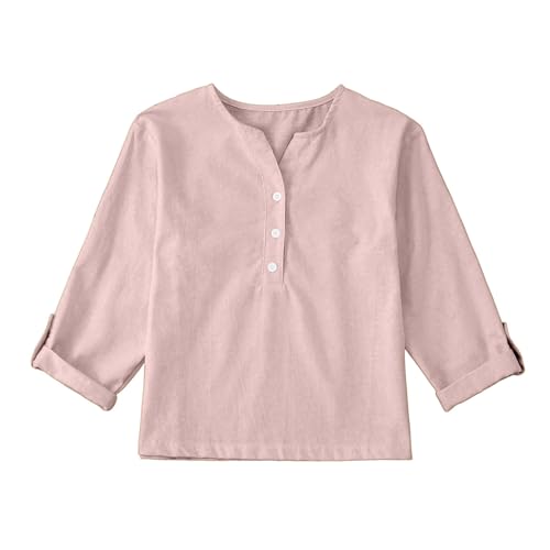 Mädchen T-Shirt Langarm Leinenhemd Lässig Hemdbluse V-Ausschnitt Einfarbig Baumwolle Kleidung Leinen Knöpfe Revers Sommer Locker Top Mode Leichte Oberteile Girls Atmungsaktiv (Pink, 9-10 Years) von Generic