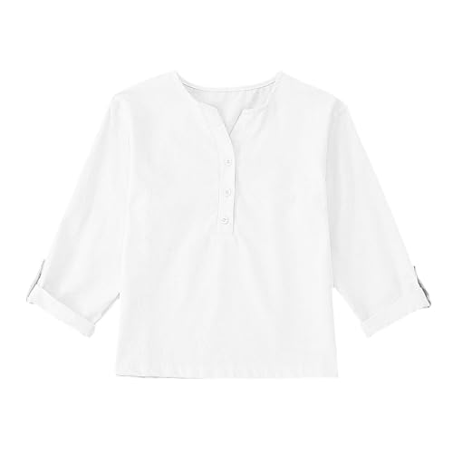 Mädchen T-Shirt Langarm Leinenhemd Lässig Hemdbluse V-Ausschnitt Einfarbig Baumwolle Kleidung Leinen Knöpfe Revers Sommer Locker Top Mode Leichte Oberteile Girls Atmungsaktiv (White, 9-10 Years) von Generic
