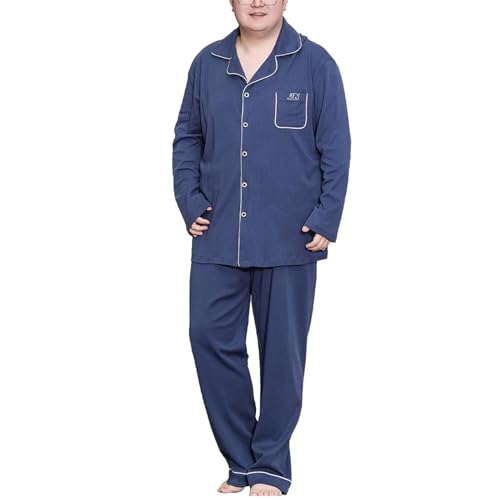 Männer Baumwolle Pyjama Set Für Männer 2 Piceces Plus Size Bequeme Nachtwäsche Button Down PJS Sets Mit Taschen,Dark Blue,5XL von Generic