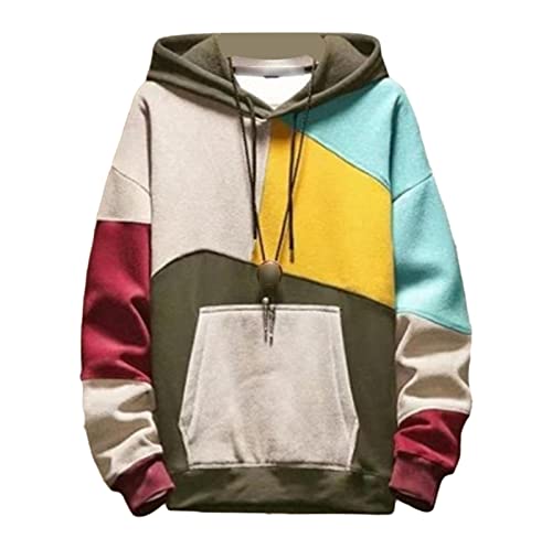 Männer Color Block Splice Relaxed Cozy Hoodie Mode Stich Känguru Tasche Kordelzug Pullover Langarm Outwear (Khaki,L) von Generic