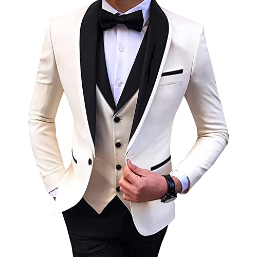 Männer DREI Stück Anzug Von Solid Color Slim Trauzeuge Retro Solid Color Schal Blazer Sets Party Prom 1 Knopf Anzug (Weiß,XS) von Generic