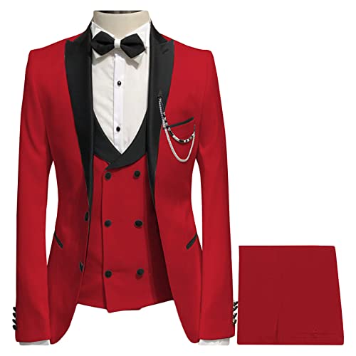 Männer Hochzeit Dinner Anzug Dreiteiliges Set Business Profession Casual Jacke Weste Hosen Sets 2 Knopf Schal Blazer (Rot,XL) von Generic