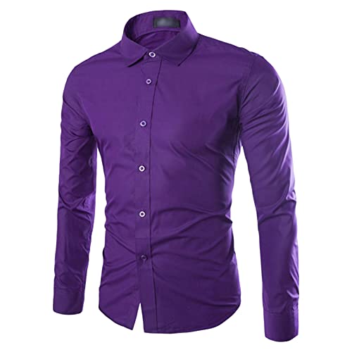 Männer Leicht Casual Joker Langarm Shirt Einfarbig Einfache Turn Down Business Shirts Baggy Slim Revers Bluse (Lila,L) von Generic