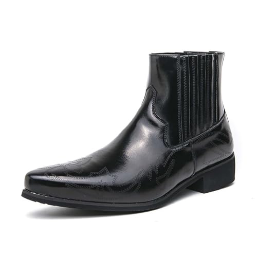 Männer Shiny Leder Western Chelsea Stiefel - Bestickte Spitze Zehe elastische seitliche Knöchel Stiefel für formelle Veranstaltungen, Hochzeiten, Partys,Schwarz,43 EU von Generic