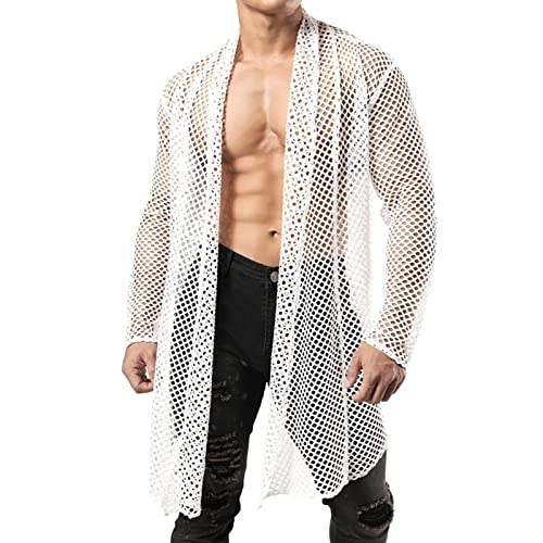 Männer Unterhemd Herren Muskel Transparent Glänzende langärmelige Mesh-Kleidung Shirts Langarm Netz Unterhemd Herren Transparent Blumen Spitze Button Down Langarm Hemd Netzhemd Netz (White-A, XXXL) von Generic