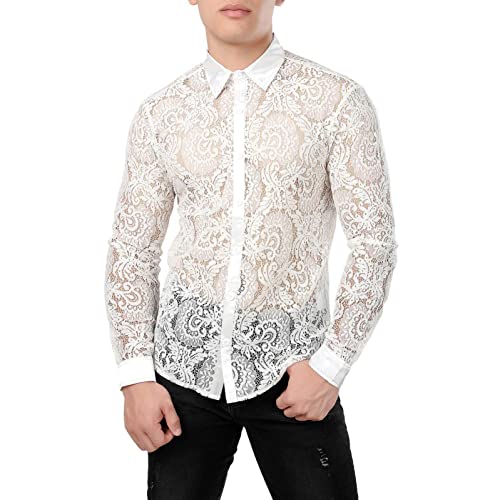 Männer Unterhemd Herren Muskel Transparent Glänzende langärmelige Mesh-Kleidung Shirts Langarm Netz Unterhemd Herren Transparent Blumen Spitze Button Down Langarm Hemd Netzhemd Netz (White-C, XXXL) von Generic
