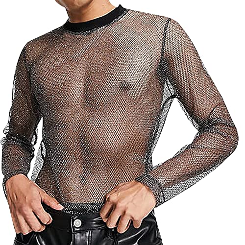 Männer Unterhemd Herren Muskel Transparent Glänzende langärmelige Mesh-Kleidung Shirts Langarm Netz Unterhemd Herren Transparent Blumen Spitze Button Down Langarm Hemd Netzhemd Netz Hemd (Black-K, L) von Generic