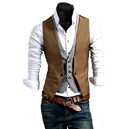 Männer V-Ausschnitt Ärmellose Mode Jacke Weste Single Breasted Business Casual Slim Fit Weste Hochzeit Abschlussball Herren Anzugweste mit Schichten Western Slim Fit Layered Herrenweste von Generic