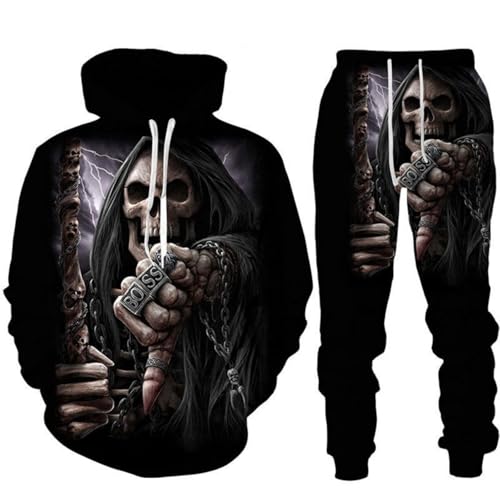 Männer und Frauen Hoodies und Hosen 3D Halloween Totenkopf Druck Punk Sport Casual Halloween Kapuzen Sweatshirt Jogging Anzug Set (6,6XL) von Generic