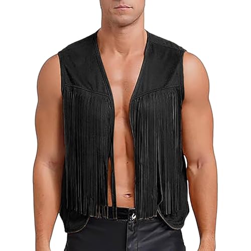 Männliche Hippie Wildleder Fransen Indian Bohemian Music Festival 60er Jahre Western Weste Anzug Herren Trauer (Black, M) von Generic