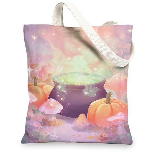 Magic Wiederverwendbare Canvas-Taschen mit Kürbis- und Pilzmuster, schöne leichte und waschbare Schultergurte in Pastellfarben, Pastel, 13x15 Inch von Generic