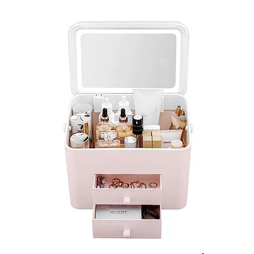 Make-up-Box, Make-up-Organizer, Aufbewahrungsbox, tragbare Make-up-Aufbewahrungsbox mit abnehmbarem LED-Make-up-Spiegel, Kosmetik-Aufbewahrungskoffer mit 2 Schubladen und Abdeckung, für SCHL von Generic