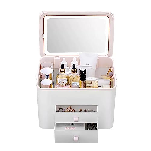 Make-up-Box, Make-up-Organizer, Aufbewahrungsbox, tragbare Make-up-Aufbewahrungsbox mit abnehmbarem LED-Make-up-Spiegel, Kosmetik-Aufbewahrungskoffer mit 2 Schubladen und Abdeckung, für SCHL von Generic