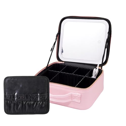 Make-up-Organizer mit Spiegel, Kosmetiktasche mit LED beleuchtet mit Licht 3 Farben | Aufbewahrungstasche für Reise Make-up aus PU-Leder, Rosa, Se référer au descriptif, Siehe Beschreibung von Generic