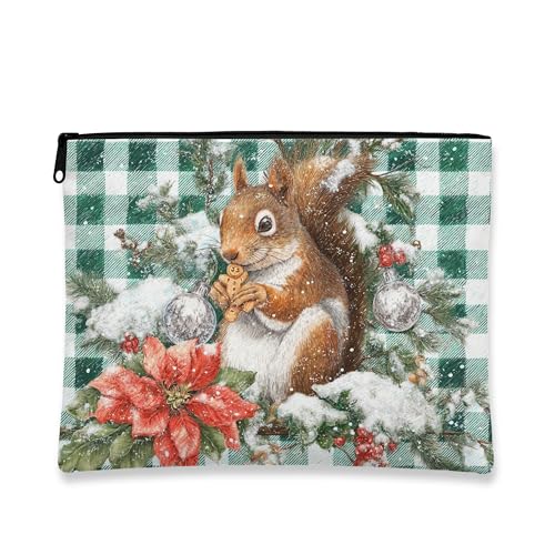 Make-up-Tasche, Eichhörnchen, schöne Weihnachtskosmetiktasche für Damen, tragbarer Organizer aus Segeltuch mit Reißverschluss, Kulturbeutel für den Urlaub, grün, 7x9 Inch, Eichhörnchen von Generic