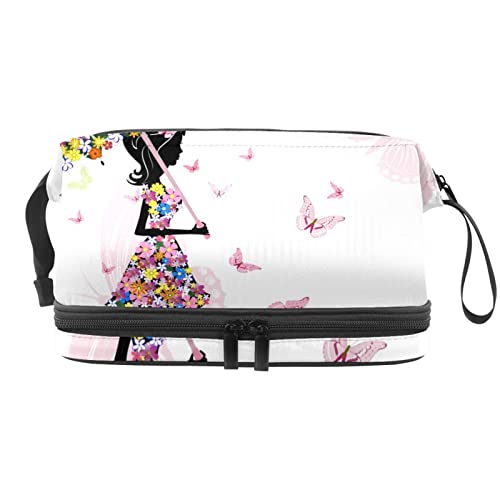 Make-up-Tasche – Große Kapazität Reise Kosmetiktasche, Blumenmädchen mit Blumenkleid Regenschirm Schmetterlinge Rosa, Mehrfarbig, 27x15x14 cm/10.6x5.9x5.5 in von Generic