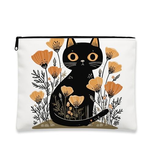 Make-up-Tasche für Katzen, florales Design, Reise-Kosmetiktasche für Damen, tragbarer Canvas-Reißverschluss, perfekte Wahl für Katzenliebhaber, Herbstsaison, Schwarz, 7x9 Inch, Katze von Generic