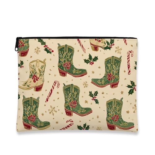 Make-up-Tasche im Vintage-Stil, Cowboystiefel, für Weihnachten, Urlaub, Kosmetiktasche für Damen, tragbar, klein, Segeltuch, Reißverschluss, Beige, 7x9 Inch, Stiefel von Generic