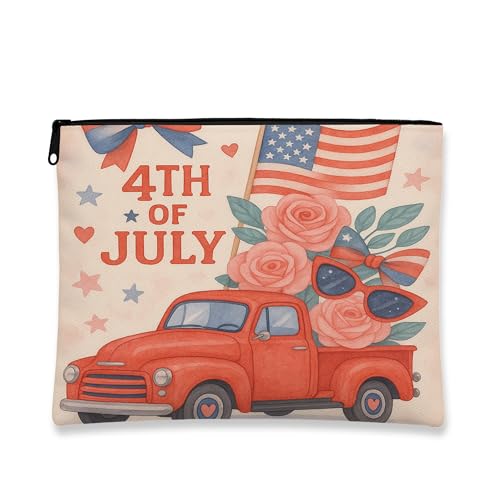Make-up-Tasche im Vintage-Stil, rustikaler LKW, 4. Juli, tragbar, mit Reißverschluss, Feier-Geschenk, Reise-Kulturbeutel, Organizer, Rot/Ausflug, einfarbig (Getaway Solids), 7x9 Inch, LKW von Generic