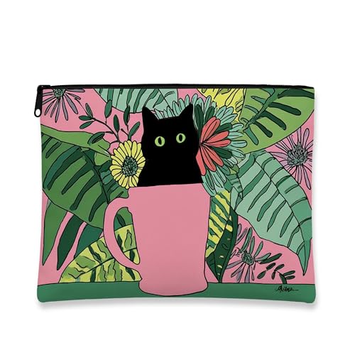 Make-up-Tasche mit Blumenmuster, Katzen- und Pfirsichblumen, Kosmetiktasche für Damen, tragbare kleine Canvas-Tasche mit Reißverschluss, Katzenliebhaber, Geschenk, Hautpflege, Kulturbeutel, Pfirsich von Generic