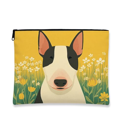 Make-up-Tasche mit Bullterrier, gelbes Blumenmuster, Vintage-Kosmetiktasche für Damen, tragbar, klein, Segeltuch, Reißverschluss, Geschenk für Frühlingsfest, gelb, 7x9 Inch, Bullterrier von Generic
