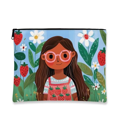 Make-up-Tasche mit Erdbeermotiv, niedliches Cartoon-Mädchen, Kosmetiktasche für Damen, tragbare kleine Canvas-Reißverschluss-Organizer, Sommergeschenk, Kulturbeutel, Blau, 7x9 Inch von Generic