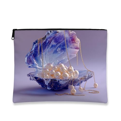Make-up-Tasche mit Perlenmuschel, eleganter blauer Ozean, inspirierter Kosmetik-Organizer für Frauen, tragbare kleine Reißverschlusstasche, Geschenk für Festivals und Urlaub, Blau, 7x9 Inch, Schale von Generic