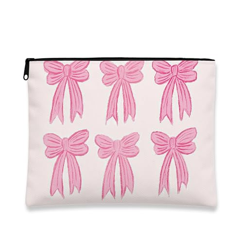 Make-up-Tasche mit Schleife, niedliches Schleifenmuster, tragbare Canvas-Kosmetiktasche für Mädchen, schicker Reißverschluss-Organizer für Festivals, Frühlingsgeschenke, Pfirsich, 7x9 Inch, Schleife von Generic