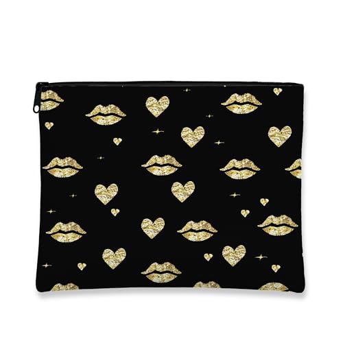 Make-up-Tasche mit glitzernden Lippen, schwarzes Herz, Kosmetiktasche für Damen, tragbare kleine Canvas-Reißverschluss-Organizer, für Festivals, Schwarz, 7x9 Inch von Generic